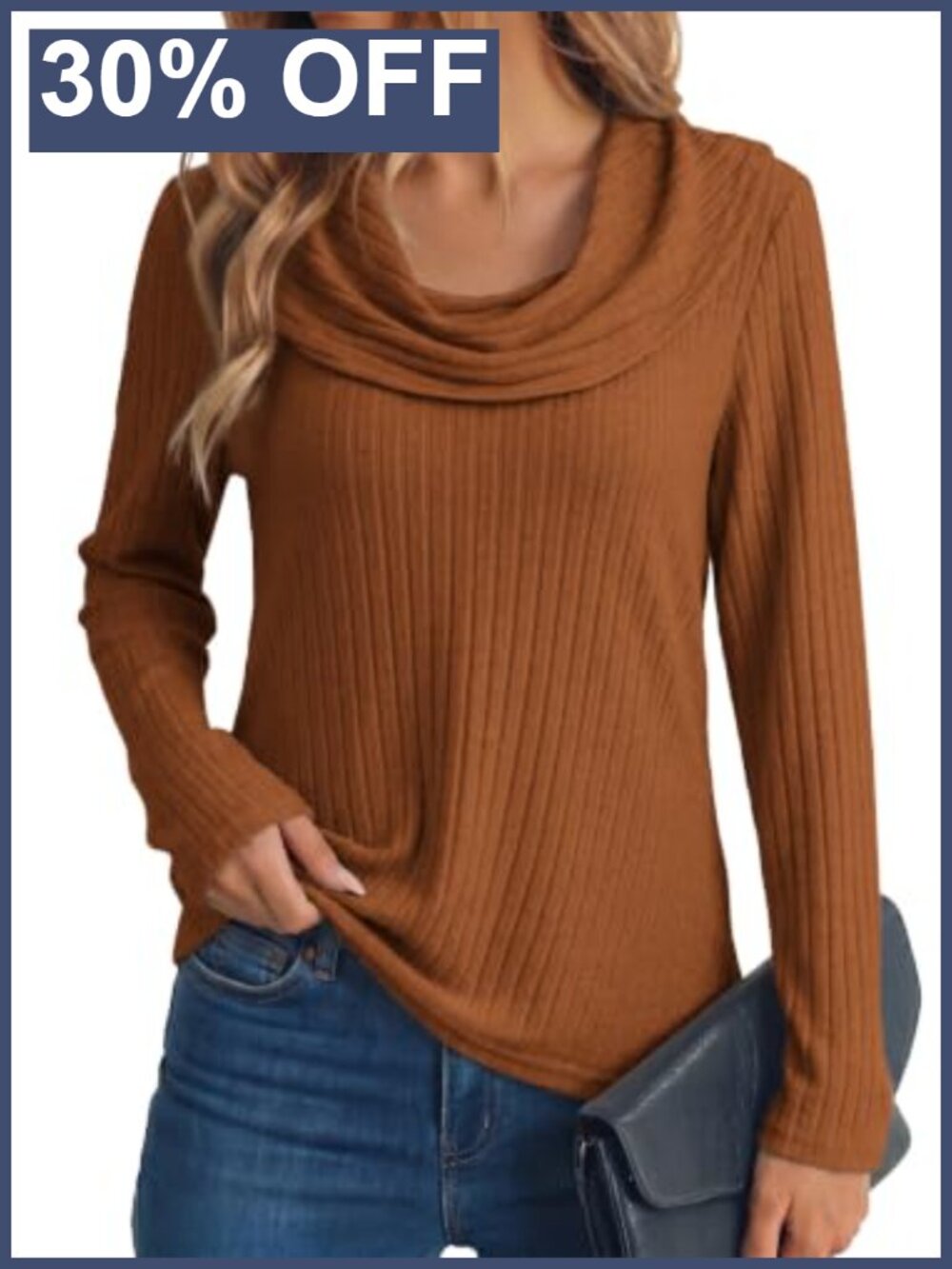 Womens Cowl Neck Long Sleeve Ribbed Knit Blouse Fall Winter Top